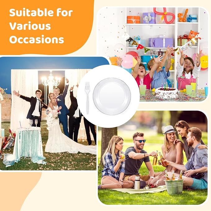 OMISTAR 800 set 6inch Clear Plastic Dessert Plates and Forks, Include 400 Disposable Appetizer Plates with 400 Plastic Forks, Round Dinner Plate for Wedding BBQ Picnic Camping Events Party Supplies