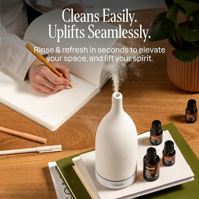 Cliganic Ceramic Aromatherapy Diffuser for Essential Oils (White) - 7 Color Lights, Cool Mist, Auto Shut Off for Home & Office