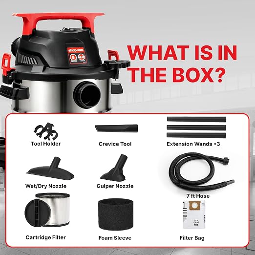 Shop-Vac 5430162 Wet/Dry Vacuum, 5 Gallon, 4 Peak HP, 1-1/4 Inch Diameter x 7 Foot Hose, 6 Foot Cord, Ideal for Jobsite, Garage, Workshop & Home