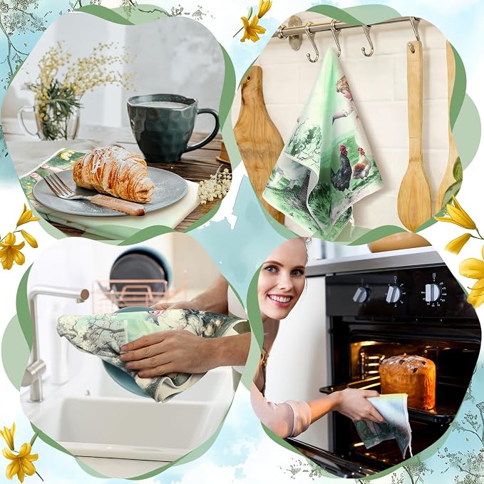 Bencailor 16 Pcs Vintage Kitchen Towels Bulk Bunny Dish Hand Towels Ultrafine Fiber Absorbent Vintage Rustic Tea Cloths for Spring Kitchen Bathroom Decor Gifts, 16 x 24 Inch
