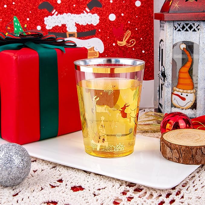 supernal 100pcs Christmas Party Cups,Gold Plastic Cups with Christmas Design,Plastic Party Cup,Disposable Cups,10oz Christ's Mass and Disposable Cups for Xmas Party