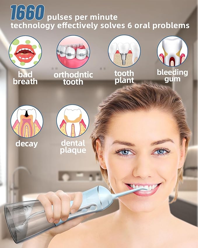 Electric Water Dental Flosser - Cordless Portable Teeth Cleaner, Rechargeable 320ML Larger Water Tank Oral Irrigator, 4 Modes with 5 Jet Tips and Travel Bag, IPX7 Waterproof (Blue)