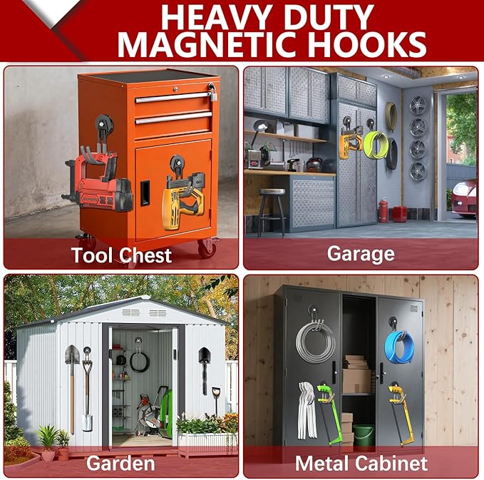 3-H Extra Strong Magnetic Hooks,Heavy Duty Large Anti-Slip Magnet Hooks J Shape,No-Drill Tool Holder for Garage,Power Drill,Garden Tools,Hose Storage,4 Pack Gray