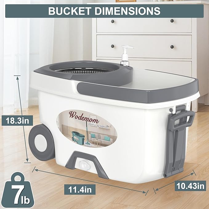 Mop and Bucket with Wringer Set,Spin Mop and Bucket System, Mops for Floor Cleaning,Household Supplies Tools with 6 Replacement Refills,61" Extended Handle for Household Hardwood Floor - White