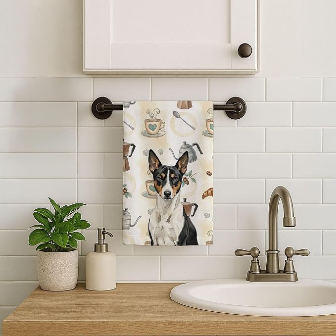 Caroline's Treasures Black and White Basenji Coffee Bar Kitchen Towel Velour Plush Front and Cotton Loop Back Machine Washable