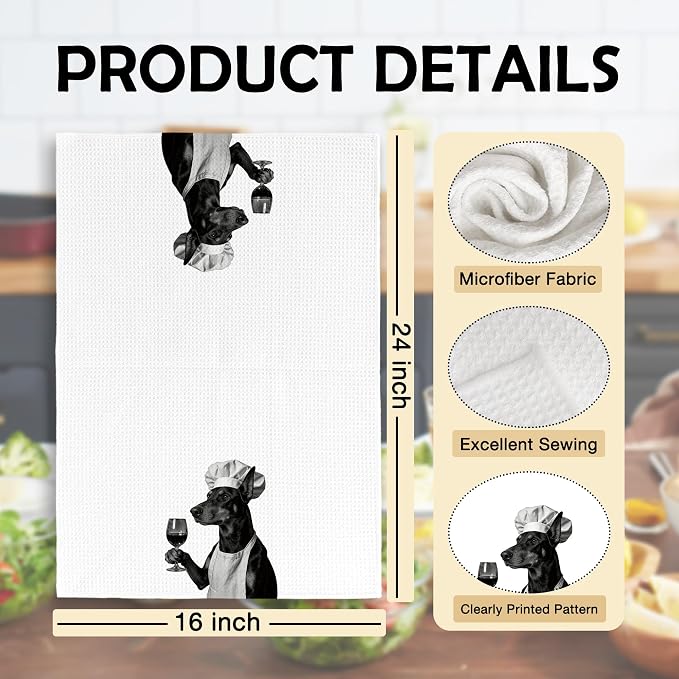 Funny Chef Doberman Kitchen Towels Set of 2, Doberman Dog Gifts for Women Dish Tea Towels for Kitchen, Dog Mom Lovers Owner Gifts Decorative Hand Towel, 16x24 Inch