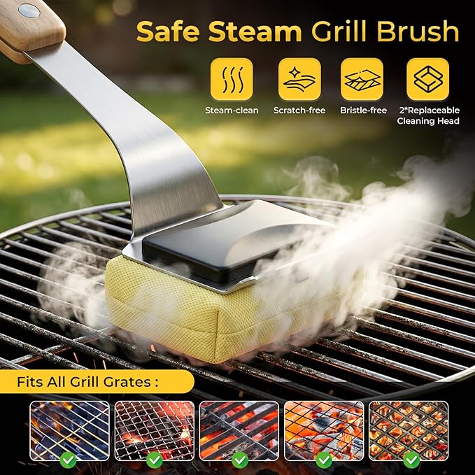 Grill Brush for Outdoor Grill Bristle Free, BBQ Grill Brush with Scraper & 2 Replaceable Heads, Safe Grill Steam Cleaner 17'' Long Handle Grilling Accessories for Cast Iron & Stainless Steel Grates