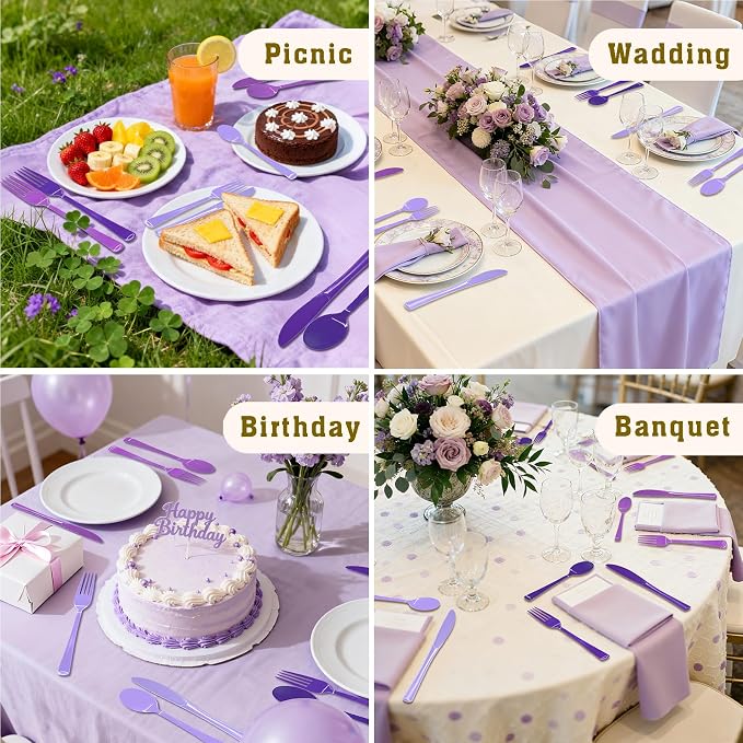 180 PCS Purple Plastic Silverware Heavy Duty Purple Plastic Cutlery Set Disposable 60 Forks, 60 Knives, 60 Spoons for Birthday, Wedding, Picnic, Baby Shower