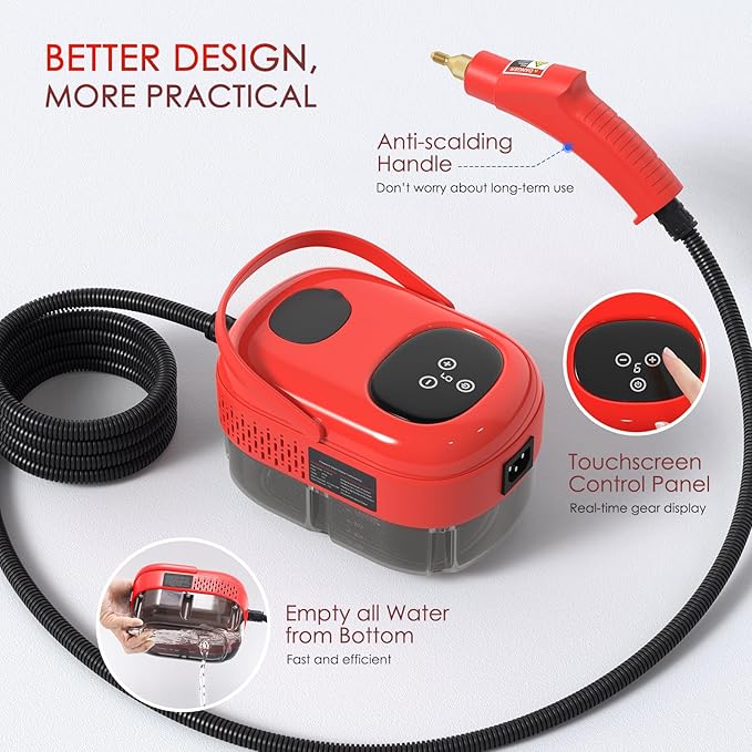 2500W Steam Cleaner, High Pressure High Temperature Steam Cleaning Machine, 1000ml, 3 Bar with 3 Brush Heads (Red)