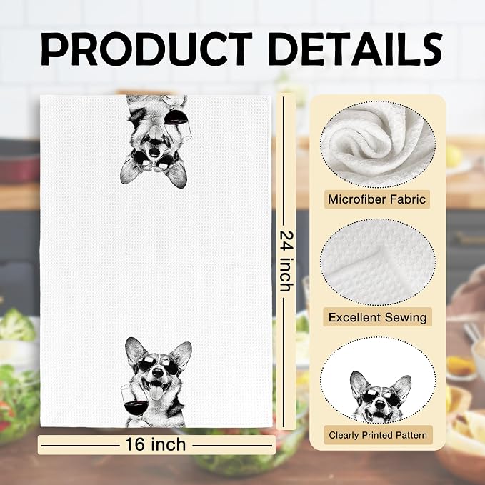 Funny Poodle Corgi Kitchen Towels, Gifts for Dog Wine Lovers, Bar Accessories Dish Tea Towels for Kitchen, Dog Owners Housewarming Gift Decorative Hand Towel 16x24 Inch