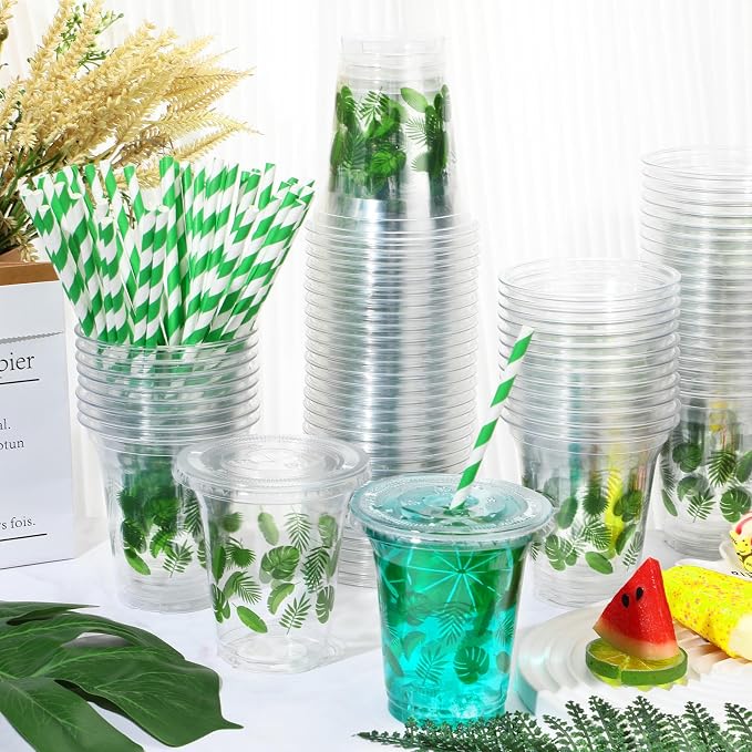 Umigy 100 Pack Plastic Disposable Cups with Lids and Straws 12 oz Disposable Cups for Juice Water Coffee Summer Party Sports Party Supplies(Palm Leaf)