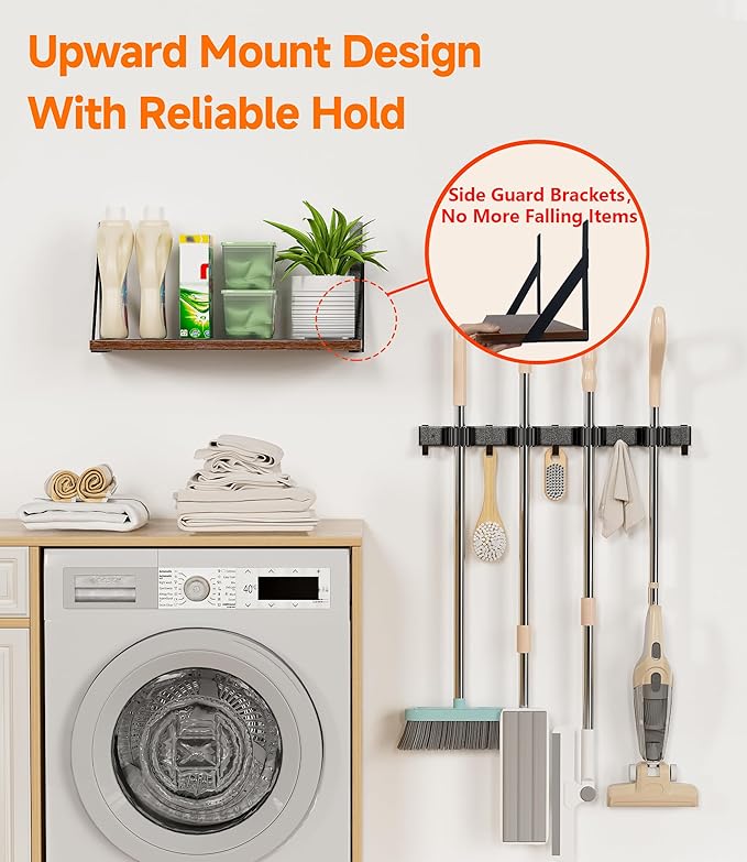 Broom Holder Wall Mount with Organizer Shelf, Space-Saving Broom and Mop Organizer Wall Hanging with 4 Broom Slots 5 Removable Hooks, Laundry Room Shelves for Laundry Room, Garage, Garden, Closet
