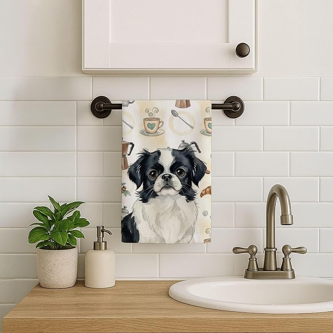 Caroline's Treasures Black and White Japanese Chin Coffee Bar Kitchen Towel Velour Plush Front and Cotton Loop Back Machine Washable
