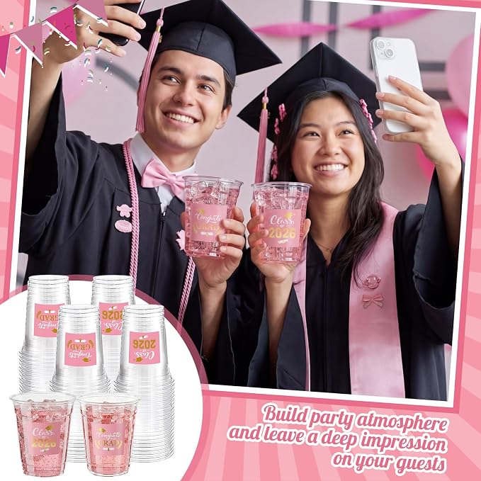 Amyhill 100 Pack 12oz Graduation Cups 2026 Graduation Decorations Disposable Plastic Cups Sturdy&Durable Drinkware for Class of 2026 Decorations Congrats Grad Party Favors Supplies (Pink)