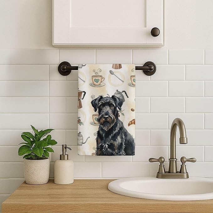 Caroline's Treasures Black Russian Terrier Coffee Bar Kitchen Towel Velour Plush Front and Cotton Loop Back Machine Washable