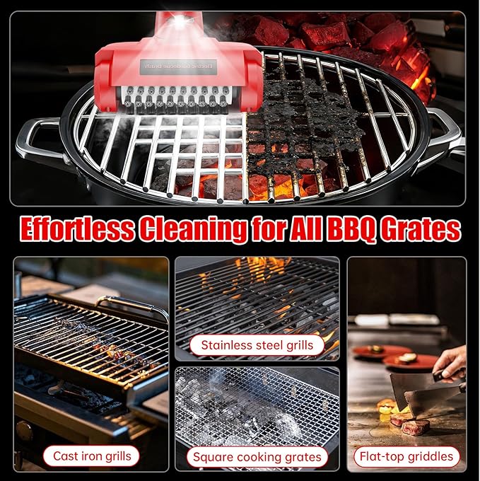 Electric Grill Brush, Electric BBQ Grill Cleaner Cordless Rechargeable 700 RPM Grill Cleaning Brush for Outdoor Barbecue Grill with LED Light, Stainless Steel Brush, Cleaning Stone, Safety Lock