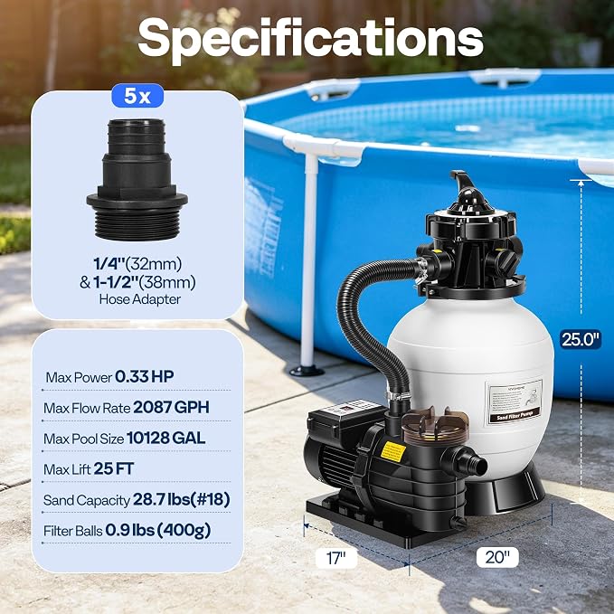 VIVOHOME Upgraded 2087 GPH Sand Filter Pump w/Timer, Fits in/Above Ground Pool Up to 10,000 Gallons, 7-Way Valve with 28.7-Pound Sand Capacity