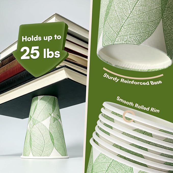 Plant-Based Compostable Cups Set – PLA Lined Disposable Coffee Cups with Lids, Straws & Sleeves, Eco-Friendly for Hot & Cold Drinks, Party, Travel, Office (16 oz 50 Count)