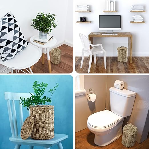 Ctosree 1.3 Gallons Small Trash Can with Lid Handle Boho Woven Braided Bathroom Waste Basket Trash Can with 100 Garbage Bags for Bedroom Office Laundry(Primary Color,Braided Straw Rope,Round)