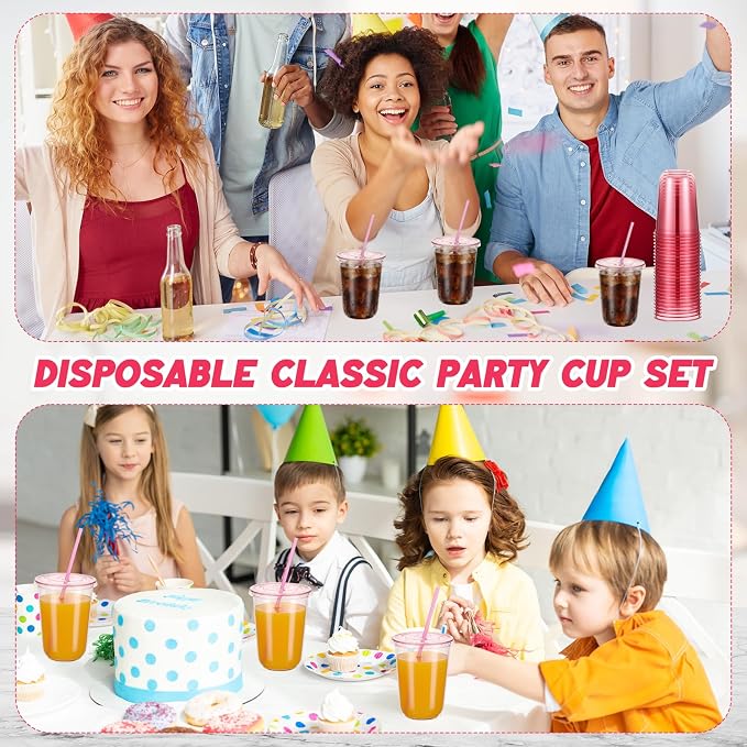 Ziliny 25 Sets Clear Round Bottom Plastic Cups with Lids and Straws, Cute Disposable Drinking Coffee Cups, for Christmas Valentine's Galentine's Day Party Wedding Birthday Supplies (16oz,Pink)