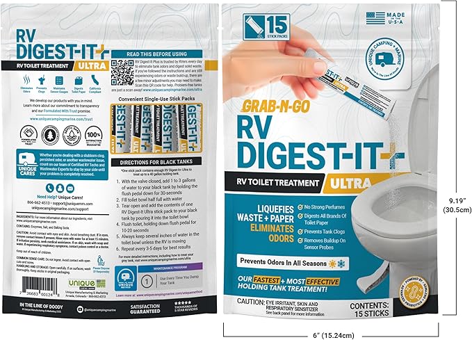 Unique RV Digest-It Ultra Stick Pack, 15 Count, Extra-Strength RV Toilet Treatment, No-Mess, Pre-measured, Grab-N-Go Bio-Enzymatic Black Tank Treatment, Eliminates Smells and Prevents Clogs