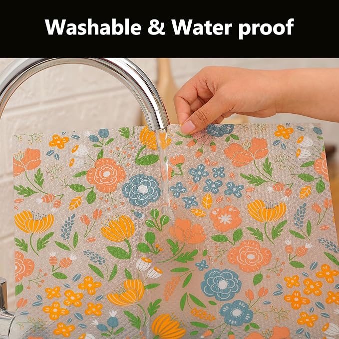 INNOLITES Shelf Liner for Kitchen Cabinets, Non-Adhesive Drawer Liner, Waterproof Washable EVA Floral Pattern, Protect Dresser Cupboard Refrigerator Shelves (Honey Coral Blue, 11.8" x 240")
