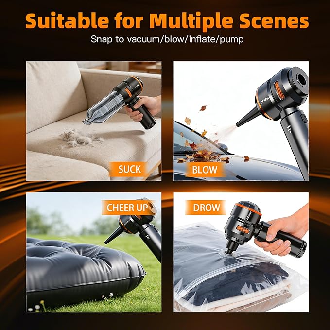 Super-Powered car mini Vacuum Cleaner 80,000RPM, Four-in-one: Blower, Vacuum Cleaner, air Extractor, and Pump. Handheld dust Collector, Handheld dust Blower, Hair Dryer, Cordless (Orange)