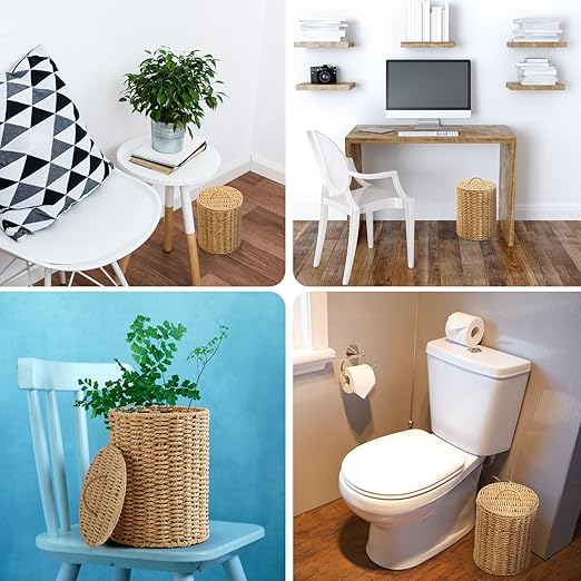 Ctosree 1.3 Gallons Small Trash Can with Lid Handle Boho Woven Braided Bathroom Waste Basket Trash Can with 100 Garbage Bags for Bedroom Office Laundry(Braided Paper Rope, Primary Color)