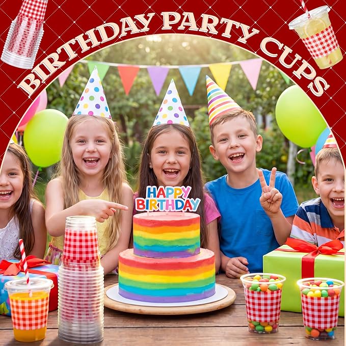 Domensi 25 Sets Red and White Gingham Plastic Cups with Lids and Paper Straws 12oz Checkered Party Disposable Cups Bulk Drinking Cup for Cold Drinks Baby Shower Wedding Birthday Summer Party Supplies