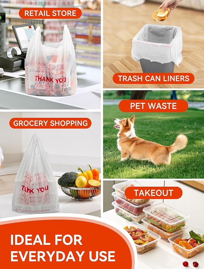 UMT Plastar 1000 Count White Thank You Plastic T-Shirt Bags with Handles, 10.5" x 5.5" x 17.5" (1/8 Size), 14 Mic Grocery Bags for Retail, Shopping, Takeout, Convenience Stores & Small Trash Bags