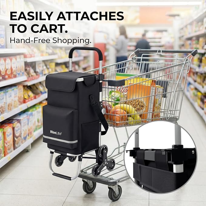 Stair Climbing Cart - Shopping Cart with Wheels for Stairs, Foldable Tri-Wheel Grocery Cart for Seniors & Apartments, 55L Bag with Insulated Cooler, Adjustable Handle, 110 Lbs, Waterproof