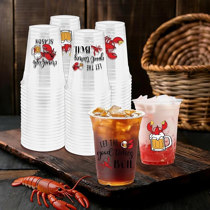 100Pcs Crawfish Plastic Party Cups, 12oz Lobster Disposable Clear Cups for Crawfish Parties, Holiday Gatherings, Birthday, Seafood Party Drinking Supplies