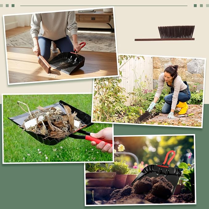 Pasimy 2 Pack 17" Metal Dust Pan and Brush Set, Large Heavy Duty Handheld Industrial Dustpan with Handle Debris Sweeping Tool Metal Edge Flat Against Floor for Outdoor Patio Yard Garage (Black)