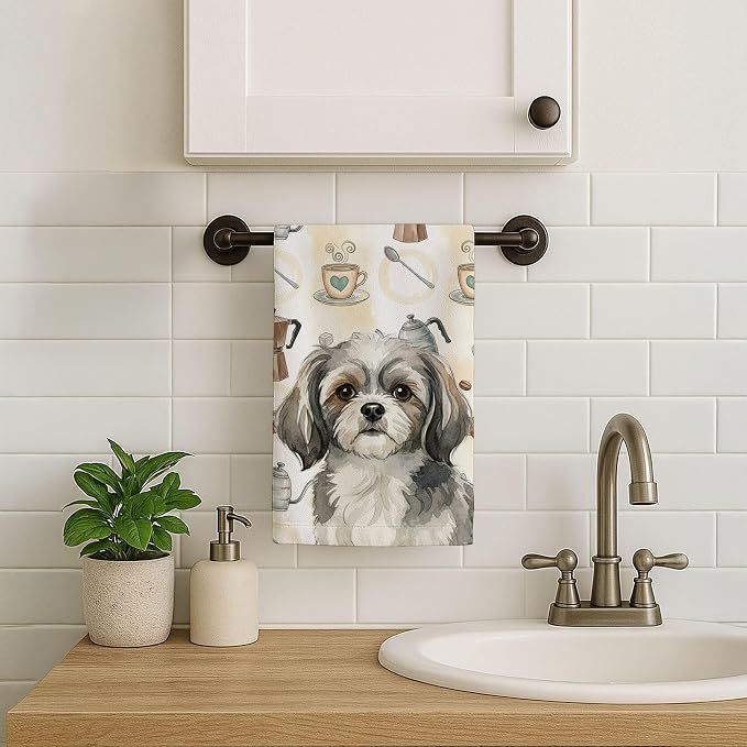 Caroline's Treasures Grey and White Tibetan Spaniel Coffee Bar Kitchen Towel Velour Plush Front and Cotton Loop Back Machine Washable