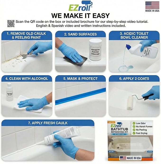 Bathtub Refinishing Kit, Tub and Tile Paint, White Low Odor Bath Paint, Long-Lasting Durable Tub Paint Kit for All Bathtubs, Tiles, Sinks and Showers, Easy Roll-On DIY Tub Coating, Made in USA