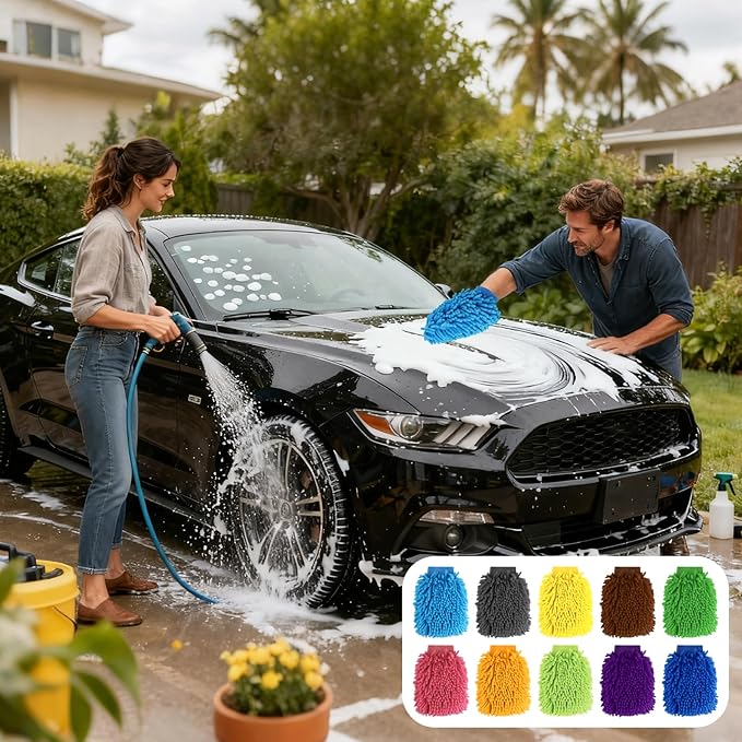 20 Pcs Car Wash Mitt 8.3 x 10.2 Inch Bright Colors Cleaning Drying Mitts Chenille Microfiber Double Sided Glove for Auto Detailing