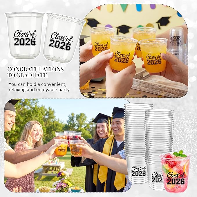 Potchen 50pcs Graduation Cups Class of 2026 12oz Clear Plastic Graduation Party Cups for 2026 Celebration Party Supplies Congrats Grad Tableware Decoration(Black)
