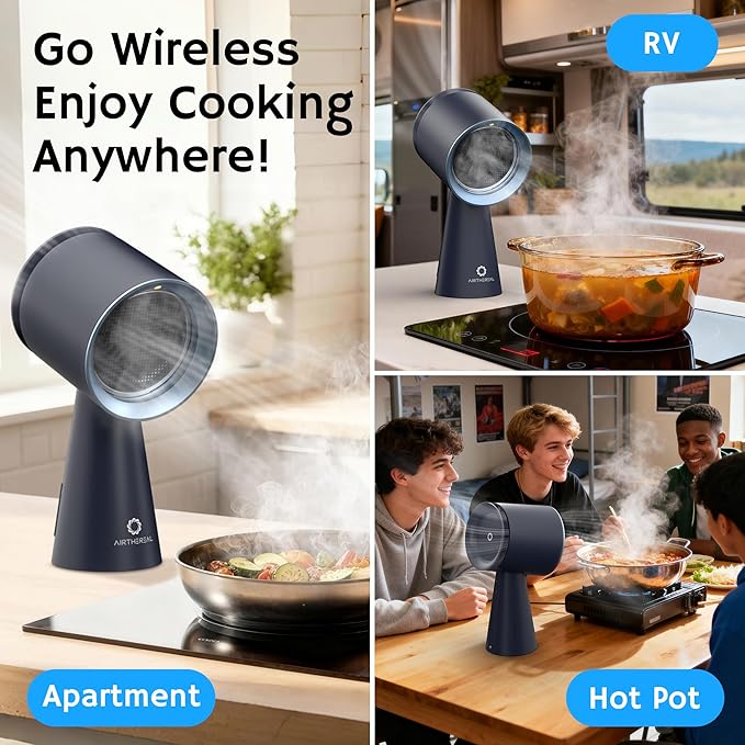AIRTHEREAL Portable Range Hood with Rechargeable Battery Powered, 3-Speed Suction, Desktop Exhaust Fan for Kitchen, with Extra Grease Filter and Replacement Activated Carbon Filters RH180B Blue