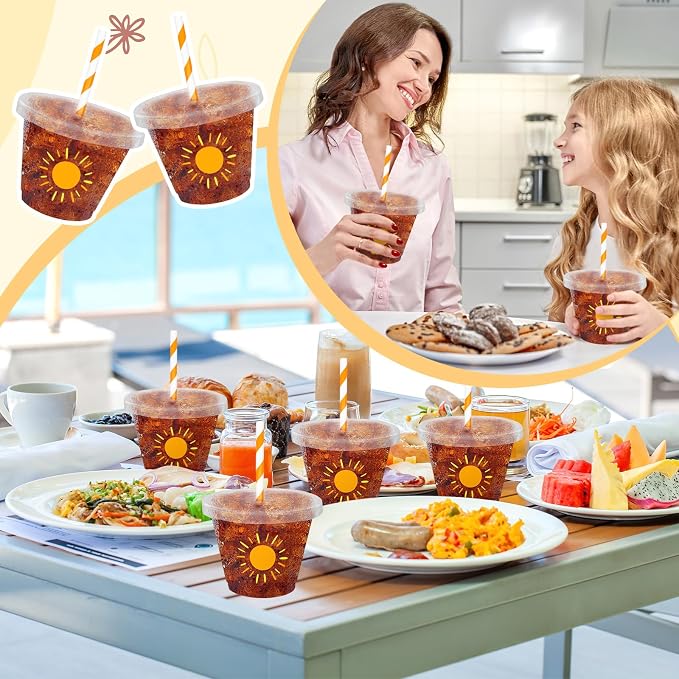 Whaline 100Pcs 9Oz Boho Sun Disposable Plastic Cups with Lids and Straws Cute Yellow Sunshine Cold Beverage Drinking Cups for Iced Coffee Smooth Juice Tea Milkshake