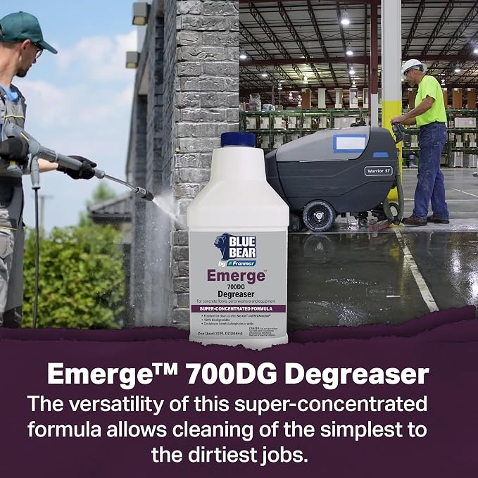 Blue Bear 700DG Emerge Degreaser Low-Odor, Biodegradable Cleaner Removes Oil, Grease, Dirt & Grime from Concrete, Tile, Wood, Stone & Tools Safe for Industrial Strength & Everyday Cleaning 1 Qt