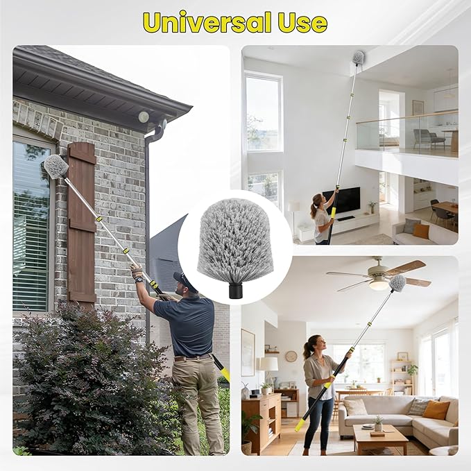 26FT High Reach Cobweb Duster with Extension Pole, Spider Web Brush for Cleaning with 5-20FT Telescopic Pole, 8" Larger Extendable Duster for High Indoor & Outdoor Webs