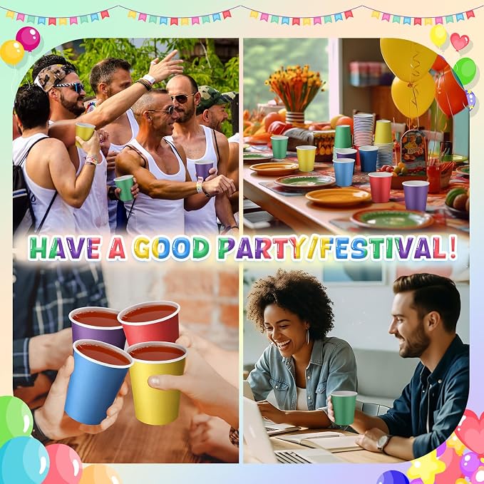 50 Pcs Rainbow Paper Cups 7 oz Disposable Party Cups Bulk for Birthday Rainbow Party Supplies DIY and Holiday Hot Cold Beverage