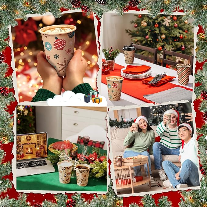 FoldTier 100 Pcs 12 oz Christmas Paper Cups with Lids Xmas Disposable Coffee Cups Holiday Kraft Paper Drinking Xmas Party Drinkware Supplies for Holiday Cocoa Beverage Cold Hot Drinks(Classic 2)