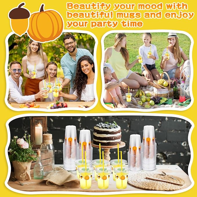 100 Set Fall Pumpkin Disposable Plastic Cups with Lids and Straws 12 oz Pumpkin Acorn Plastic Party Cups Transparent Cold Beverage Drinking Cups for Autumn Thanksgiving Party Supplies(Orange)