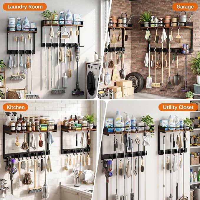 Broom Holder Wall Mount, Heavy Duty Broom and Mop Organizer Wall Hanging with Vacuum Stand, 5 Grippers & 10 Hooks, Utility Racks with Wood Shelf & Guard, Laundry Organization & Storage (L)