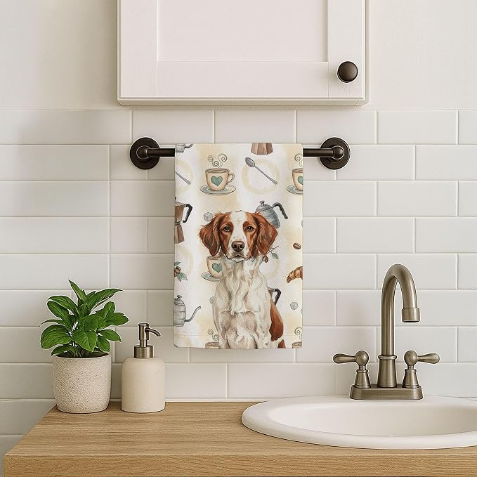 Caroline's Treasures Liver and White Brittany Coffee Bar Kitchen Towel Velour Plush Front and Cotton Loop Back Machine Washable