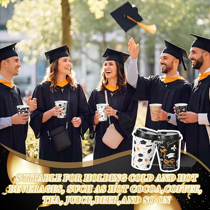 FoldTier 100 Pcs Class of 2026 Graduation Disposable Coffee Cups with Lids 12 oz Graduation Paper Cups Black White Gold Disposable Party Drinkware for Hot Cold Beverages