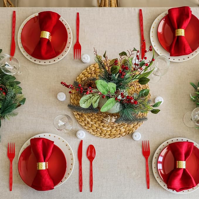 Kochorie 360 Pieces Red Plastic Cutlery Set Disposable Plastic Utensils Heavy Duty Flatware Set Include 120 Knives 120 Forks 120 Spoons for Wedding Birthday Party Supply