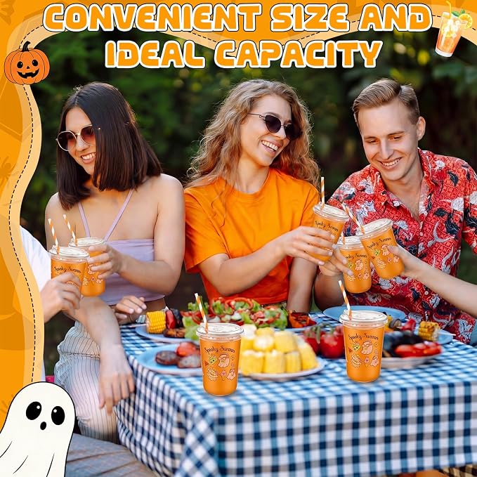 Rtteri 50 Sets Spooky Summer Plastic Cups with Lids and Straws 16 oz Disposable Clear Ghost Themed Cups Bulk for Iced Coffee Juice, Summer Halloween Birthday Party Decorations