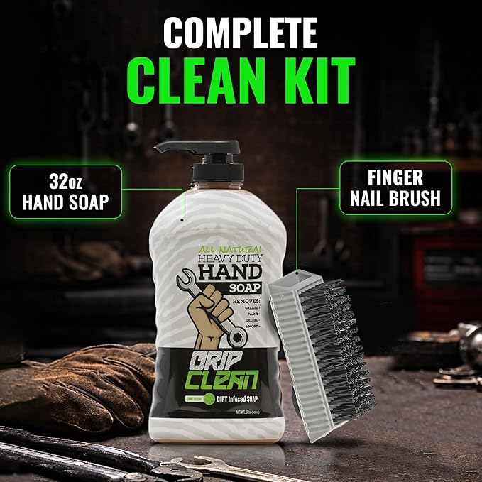 Grip Clean Heavy-Duty Hand Cleaner for Mechanics with Nail Brush - Moisturizing Coconut Oil Hand Cleaner Liquid Hand Soap with Stiff Bristle Nail Brush, Lime Scent - 32 Fl Oz Pump Top + Brush
